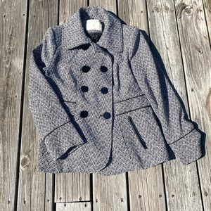 Black & white herringbone tweed pea coat